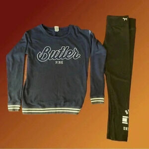 Rare Victoria Secret Pink "Butler" Navy Sweatshirt and Black Leggings Sz. M